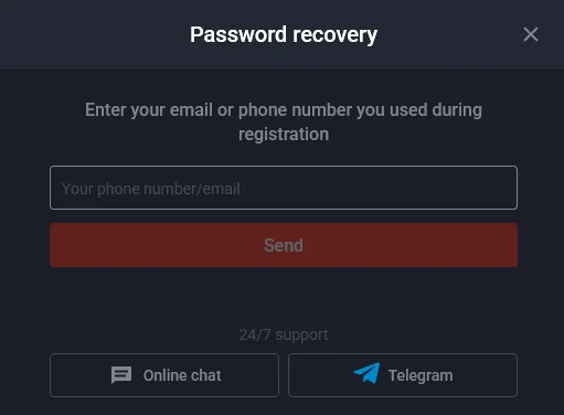 Форма восстановления пароля на платформе Пинап